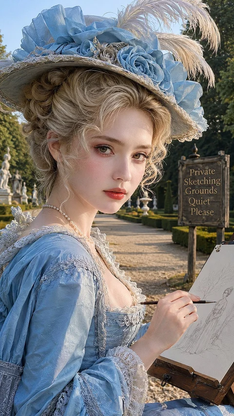An illustrated figure in a pale blue historical dress and floral bonnet holds a sketchbook outdoors.