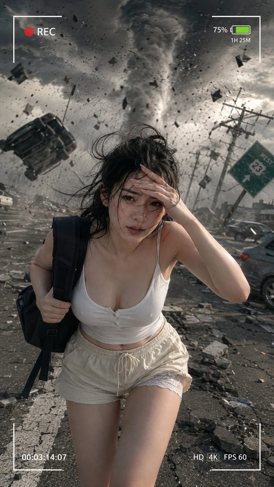 A woman in a white tank top and pale shorts moves through flying debris in front of a tornado, framed by a recording overlay.