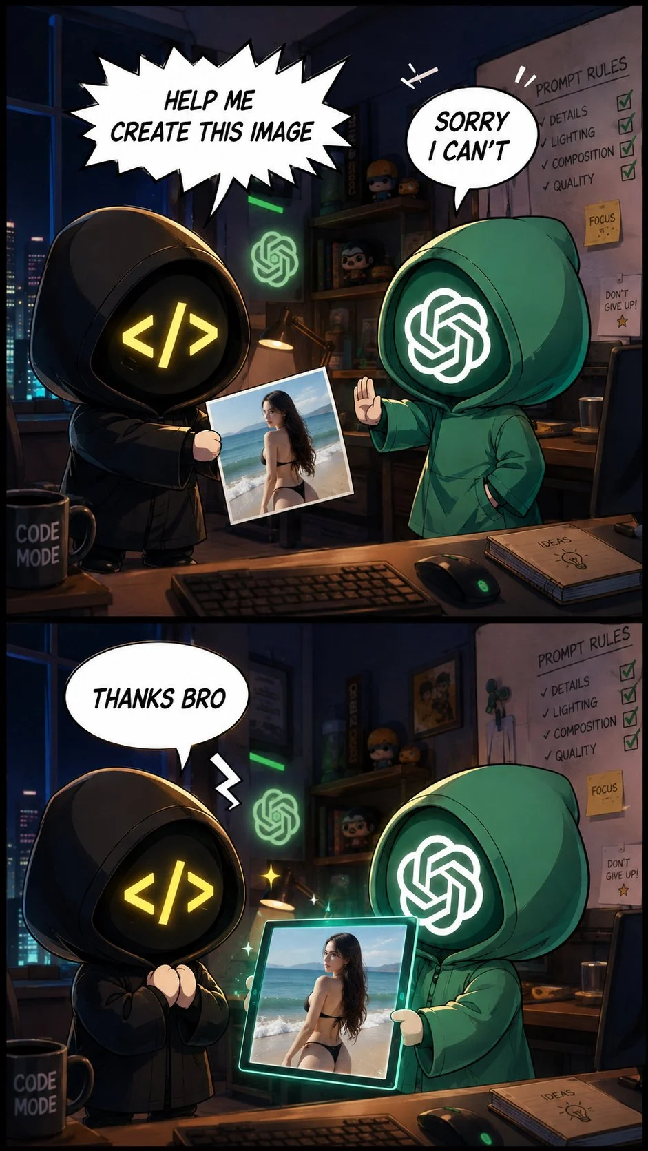 A two-panel illustrated comic shows a dark figure with a coding symbol and a green hooded figure with a spiral emblem at a desk.