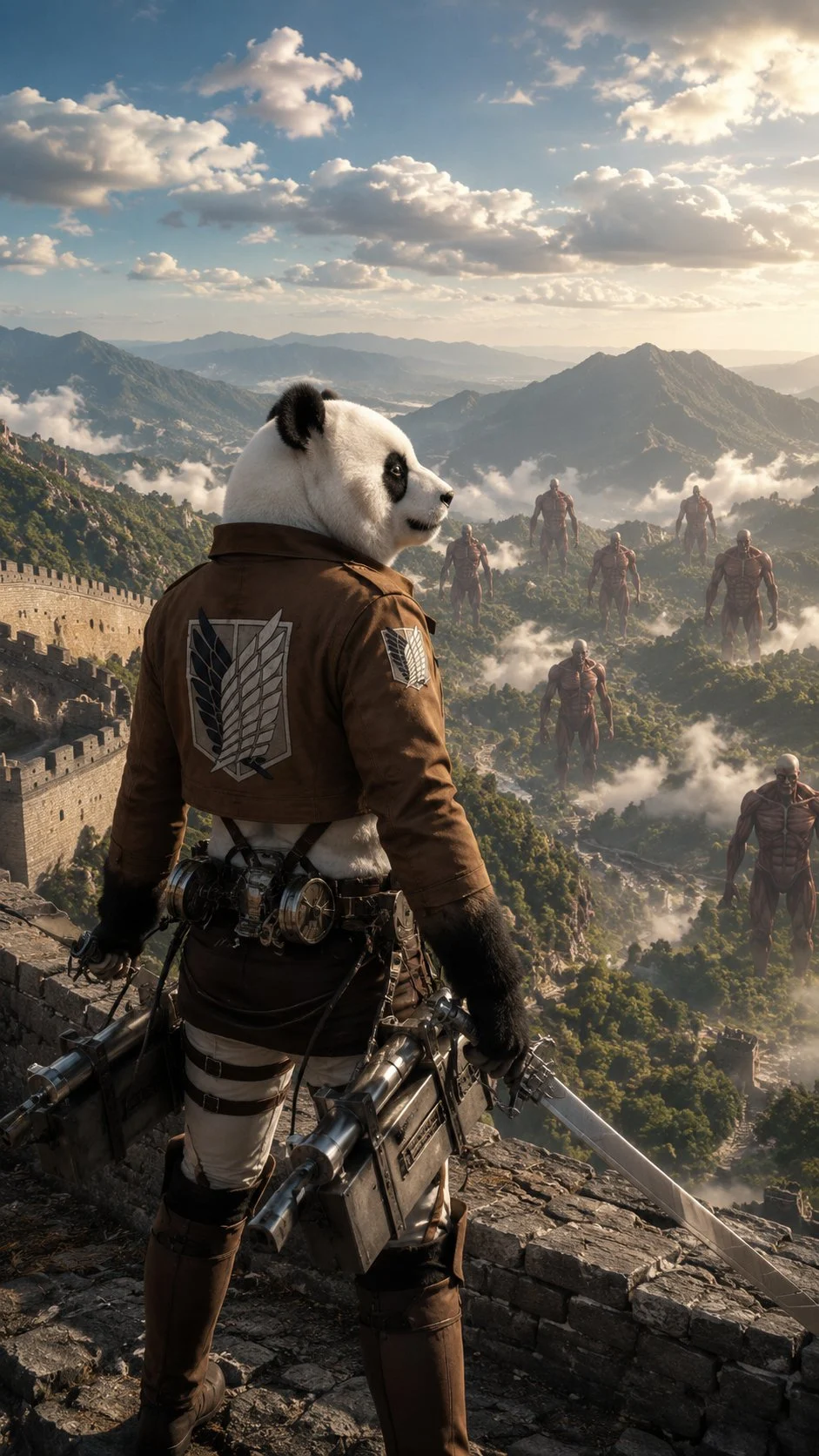 Wearing a hood, armor and mechanical gear, a figure looks across a vast valley beneath clouds.