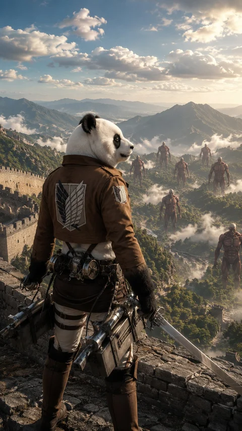 Wearing a hood, armor and mechanical gear, a figure looks across a vast valley beneath clouds.