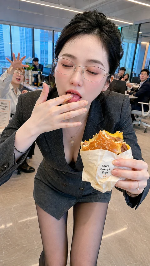 A person wearing glasses and a dark jacket eats a wrapped snack inside a crowded venue.