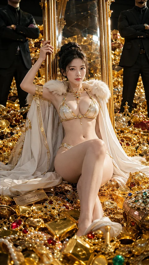 A woman in an ornate pale costume sits on a golden throne surrounded by heaps of gold and dark-clad guards.