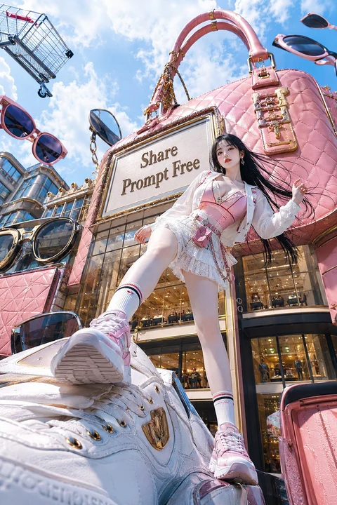 A woman in pale pink streetwear stands with one large sneaker extended toward the camera against a whimsical city backdrop.