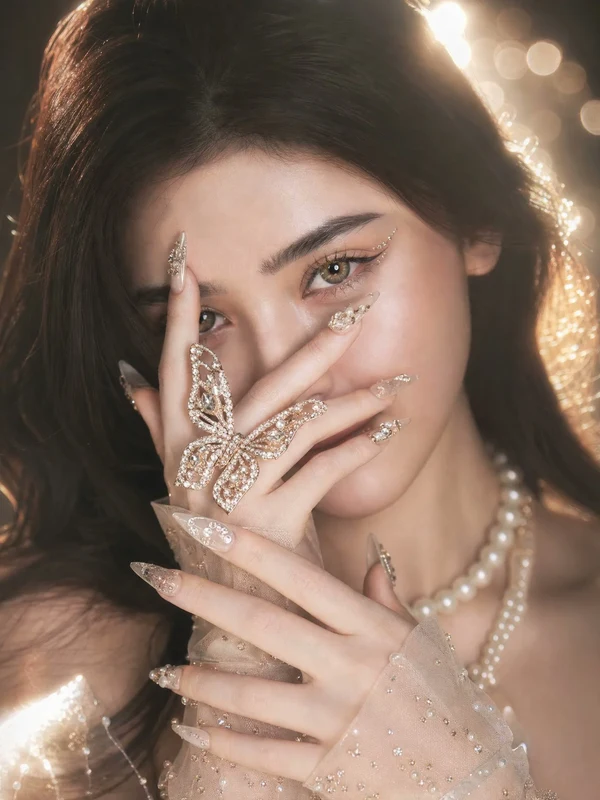 Fashion portrait with a butterfly ring and hands framing the face