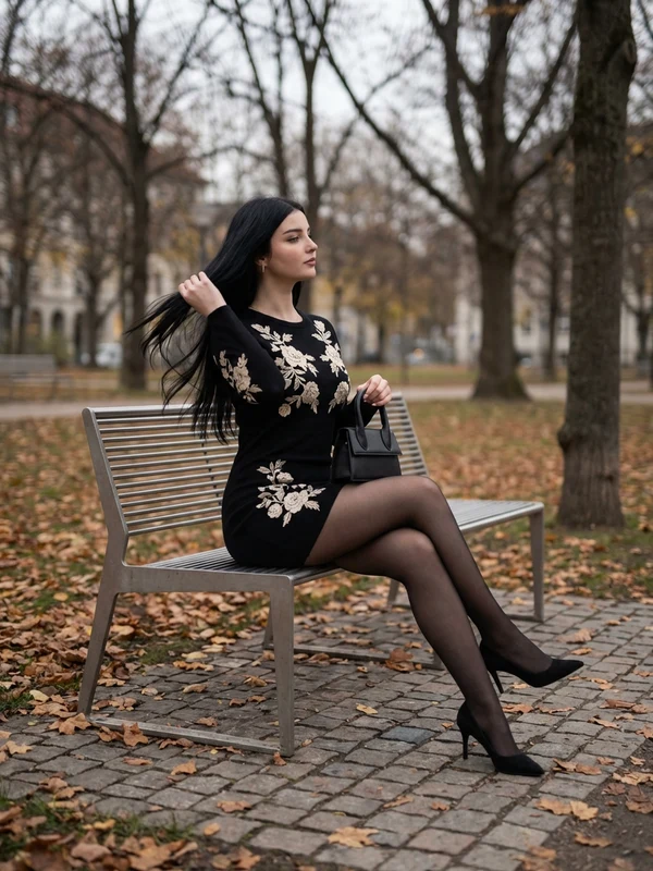 Woman in an embroidered black dress on an autumn park bench