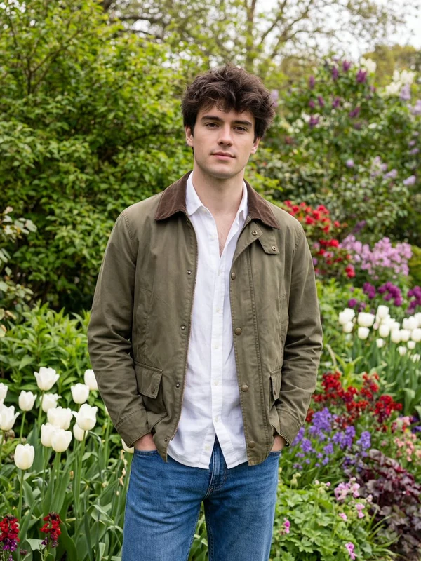 Man in a plain field jacket standing in a leafy garden