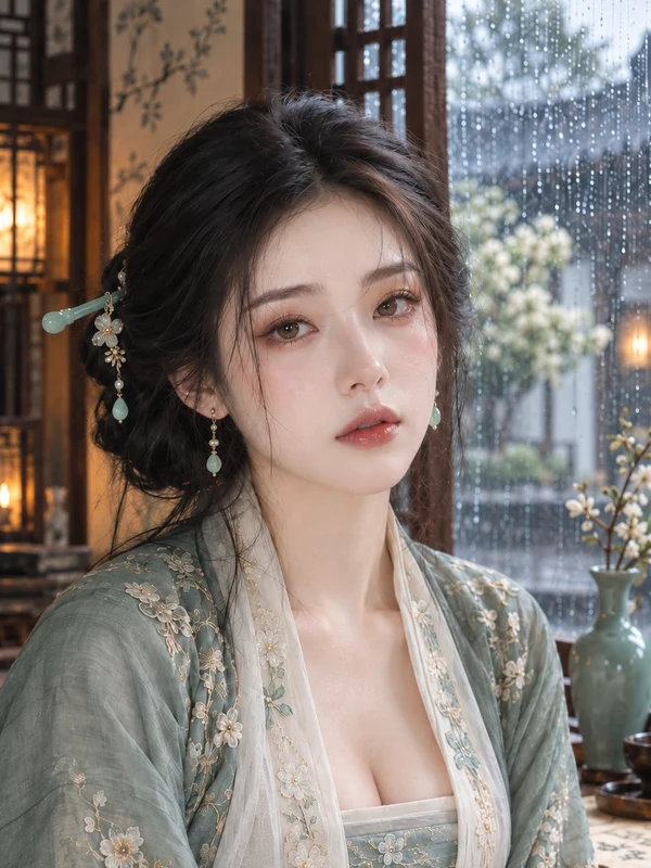 Woman in celadon embroidered traditional clothing beside a rainy window
