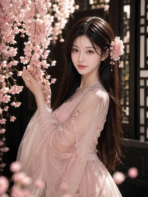 Woman in a pink traditional dress beside flowering branches