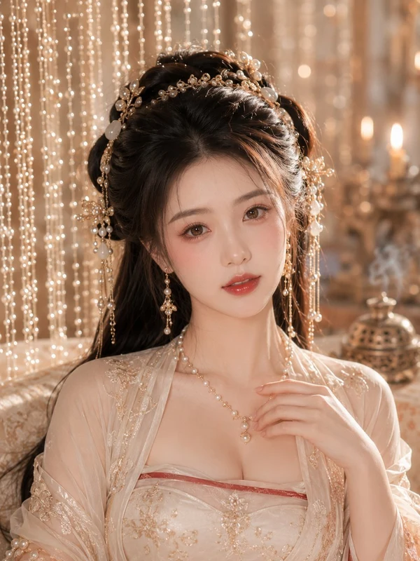 Woman in champagne traditional clothing before hanging lights