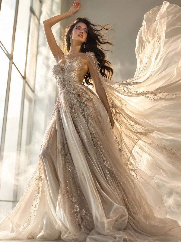 Woman in a flowing champagne gown in a bright formal interior